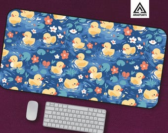Cute Duck Pattern Desk Mat - Adorable Yellow Ducks & Floral Pond - Kawaii Gaming Mousepad