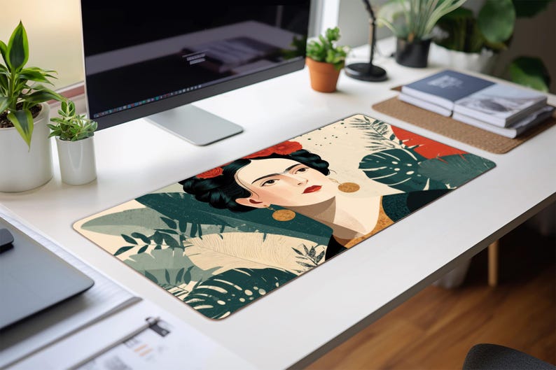 May include: Rectangular desk mat featuring a stylized portrait of a woman with dark hair and red flowers, surrounded by green and beige tropical foliage. The mat is on a white desk, with a computer and plants in the background.
