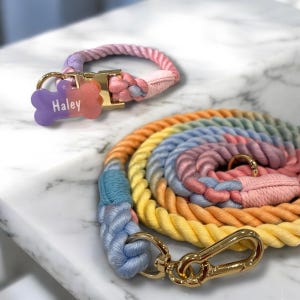 Cotton Rope Dog Collar and Leash Set with Custom Resin Name Tag | Braided Pet Walking Set for Small Medium Dogs | Durable & Stylish