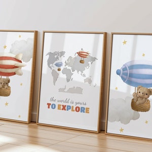 Conjunto de 3 pôsteres de berçário de balão de ar quente, decoração de parede infantil, berçário de aventura, quarto de meninos e meninas, arte de parede infantil, impressão de mapa-múndi 130