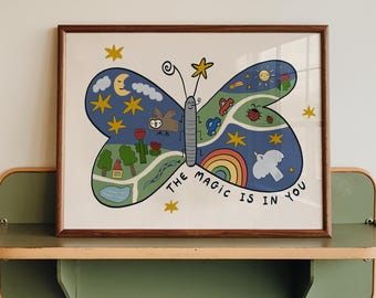 Butterfly Nursery Wall Art, Hand Drawn Playroom Decor, The Magic Is In You, Unframed (MR159)