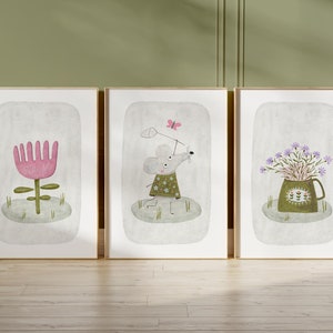 Set of 3 Woodland Nursery Prints, Mouse and flower Wall Art, Cute Whimsical Art Print for Kid Room  Watercolor art Storybook Style Decor 165