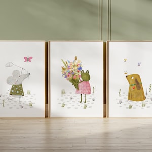 Stampe per bambini nel bosco: acquerello di topi, rane e cani (set di 3)