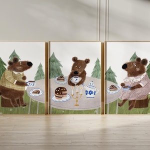 Set of 3 Nursery Woodland Art Prints, Bear Family Tea party Wall Art Print for Children Room, Kids Poster, Storybook Art, Forest animal 167