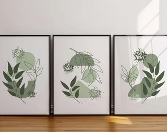 Set di 3 stampe da parete Boho, arte da parete Boho, stampe da parete verde salvia, poster astratti Boho, poster da parete geometrico, decorazione da parete floreale verde B005