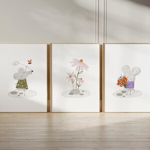 Set of 3 Woodland Nursery Prints, Mouse and flower Wall Art, Cute Art Print for Kid Room, Storybook Style Decor, Children&#39;s Art Poster N177