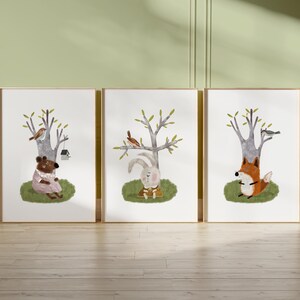 Set of Three Nursery Art Prints, Woodland Animals Wall Art For Kids, Green Nursery Art, Nursery Poster, Neutral Tone Storybook Print N200