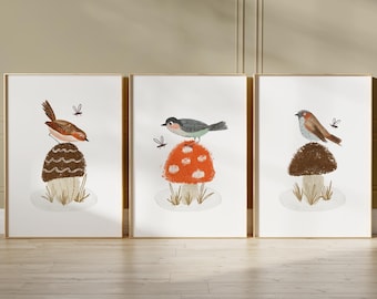 森の鳥とキノコの子供部屋用アートプリント、3枚セット N201