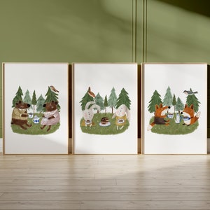 Set of 3 Nursery Woodland Art Prints, Animal Tea Party Wall Art Print for Children Room, Kids Poster, Storybook Art, Forest animal Art N171