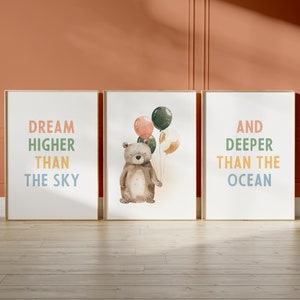 Decoración de guardería, póster de animales del bosque, arte de pared de animales del bosque, decoración de guardería con globos, linda impresión de guardería, póster, póster de oso de acuarela 78