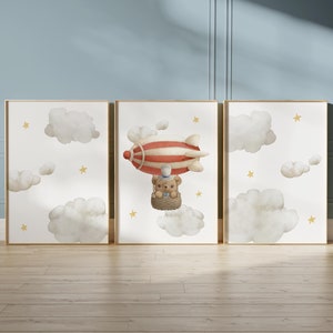 Set of 3 Hot Air Balloon Nursery Poster, Children Wall Decor, Adventure nursery, Boys Girls Bedroom, Kids Wall Art, Teddy Bear Print 97