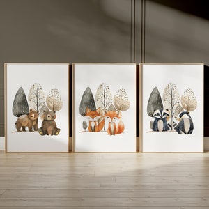 Woodland nursery decor, Forest animal posters, Wall art set, Animal friends prints, Baby room wall decor, Bear and fox wall art, Hare 94
