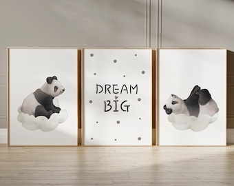 Set of 3 Panda Nursery, gender neutral prints, panda nursery wall art, panda prints, animal nursery wall art, neutral art, panda poster 145