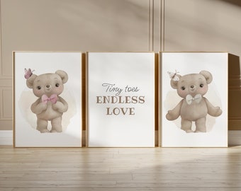 Set of 3 Bear Prints, Teddy Bear Nursery Poster, Teddy Nursery Wall Decor, Baby Art, Teddy with bow prints, Cute Nursery Prints, Beige 146
