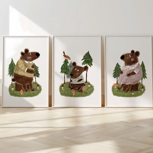 Set of 3 Nursery Woodland Art Prints, Bear Family Wall Decor, Storybook Poster, Forest animal Art, Playroom Themes, Kids Nature Posters N193