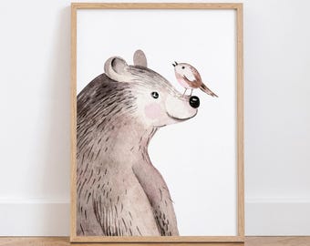 Arte de parede para quarto de bebê com ursinho de pelúcia, impressão em aquarela de urso da floresta 17