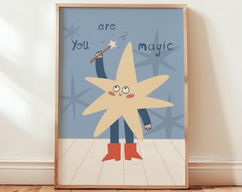 あなたは魔法使いプリント、気まぐれな星柄キッズウォールアート、子供部屋の装飾、プレイルームポスター MR132