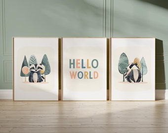 Woodland Nursery Decor, Nursery Animal Print, Kids Room Playroom Art, Hello World poster, Watercolor Nature Wall Art, Bear Fox Hedgehog 69