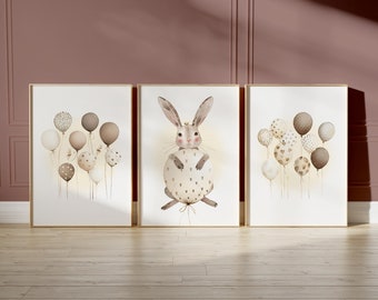 Nursery decor woodland poster, Forest  Animal wall art, balloon nursery decor, Cute Beige nursery, Nursery Print, Watercolor Bear Hare 64