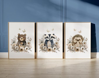 Neutral Nursery Decor, Woodland poster, Animal Wall Art Print, Nature Playroom Decor, Forest Animal Print, Watercolor Fox Bear Raccoon 71