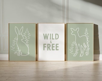 Nursery decor woodland poster, Animal wall art, Silhouette Print, Sage Green Forest Animal, Watercolor Bear Fox Hare Fawn, Wild and Free 59