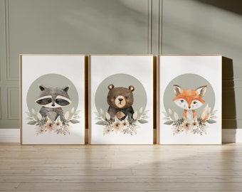 Woodland nursery decor, Forest animal posters, Nature kids room, Cute animal wall print, Watercolor Bear Fox Hedgehog Hare Raccoon Owl 68