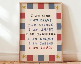 Kids Affirmation Poster, I Am Kind, Playroom Wall Art, Positive Affirmation Print (MR146)