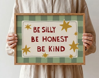 「Be Silly Honest Kind」プリント、チェック柄キッズウォールアート、プレイルームポスター、フレームなし (MR101)