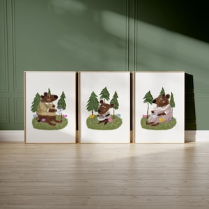Set of 3 Nursery Woodland Art Prints, Bear Tea party Wall Art Print for Children Room, Kids Poster, Storybook Art, Forest animal Art 166