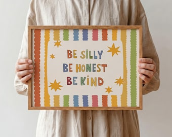 「Be Silly Honest Kind」プリント、カラフルな星柄の子供部屋用ポスター、幼児用壁飾り（MR120）