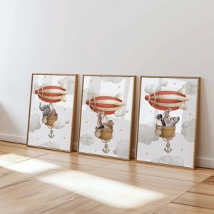 Set of 3 Balloon Animals Nursery Poster, Children Wall Decor, Beige nursery, Kids Wall Art, Safari Animals Prints, Watercolor Animal set 120