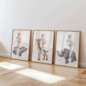 Set of 3 Balloon Animals Nursery Poster, Children Wall Decor, Boho Beige nursery, Kids Wall Art, Safari Animals Prints, Watercolor set 116