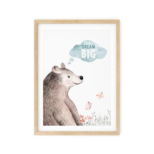 Nursery decor woodland poster Prints, Kids Animal wall art, Bear, Dream, Watercolor wood, Children&#39;s Playroom Positive Quote Wall Art, 22