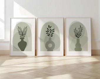 Boho Wall Prints, Set of 3 Boho Vase Wall Art, Sage Green Prints, Boho Abstract Posters, Geometric Home Poster, Calm Botanical Decor B025