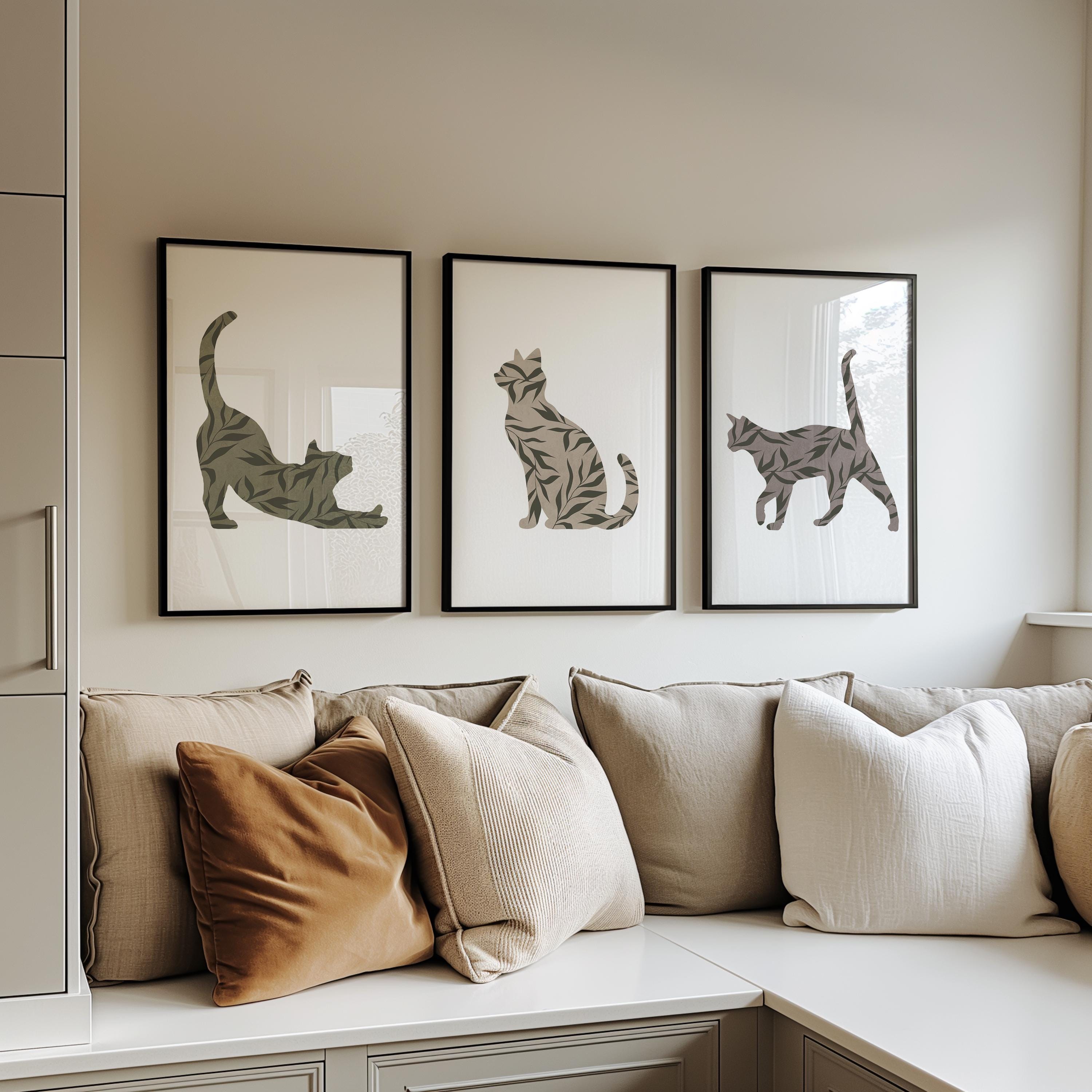 Boho Cat Wall Art Set of 3 – Minimalist Botanical Cat Prints – Neutral ...