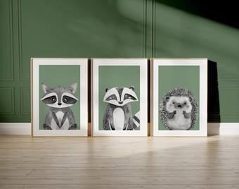 Neutral Nursery Decor, Woodland Animals poster, Animal Wall Art, Nature Playroom Decor, Forest Animal Print, Nursery art Fox Bear Raccoon 76