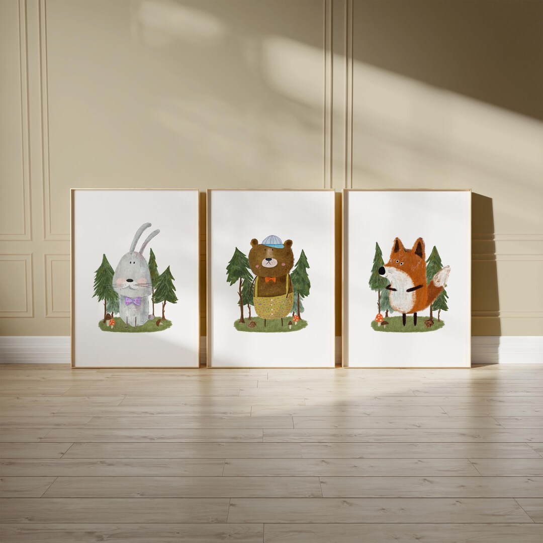 Set of 3 Nursery Art Prints, Woodland Wall Art Print for Cozy Children ...