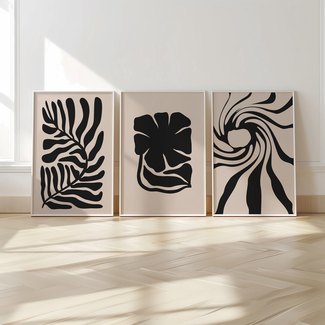 Abstract Plant Prints – Set of 3 Black Botanical Wall Art on Beige ...