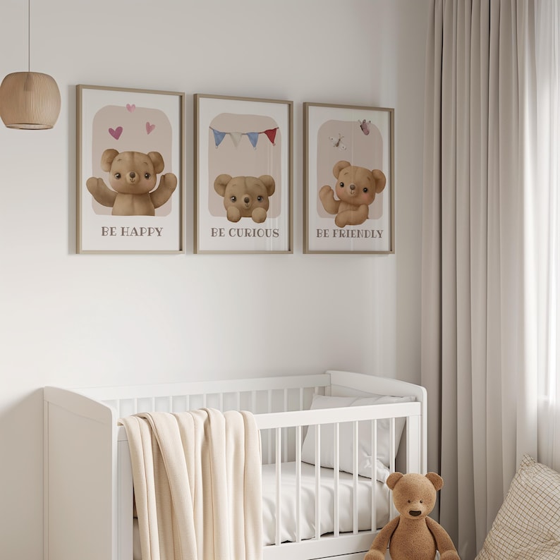 Set of 3 Teddy Bear Nursery Poster, Neutral Girl Nursery Wall Art, Bear ...