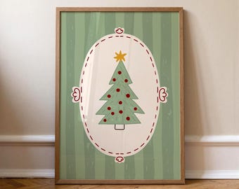 Lámina decorativa imprimible de árbol de Navidad, estampado navideño escandinavo, descarga digital navideña verde moderna y original.