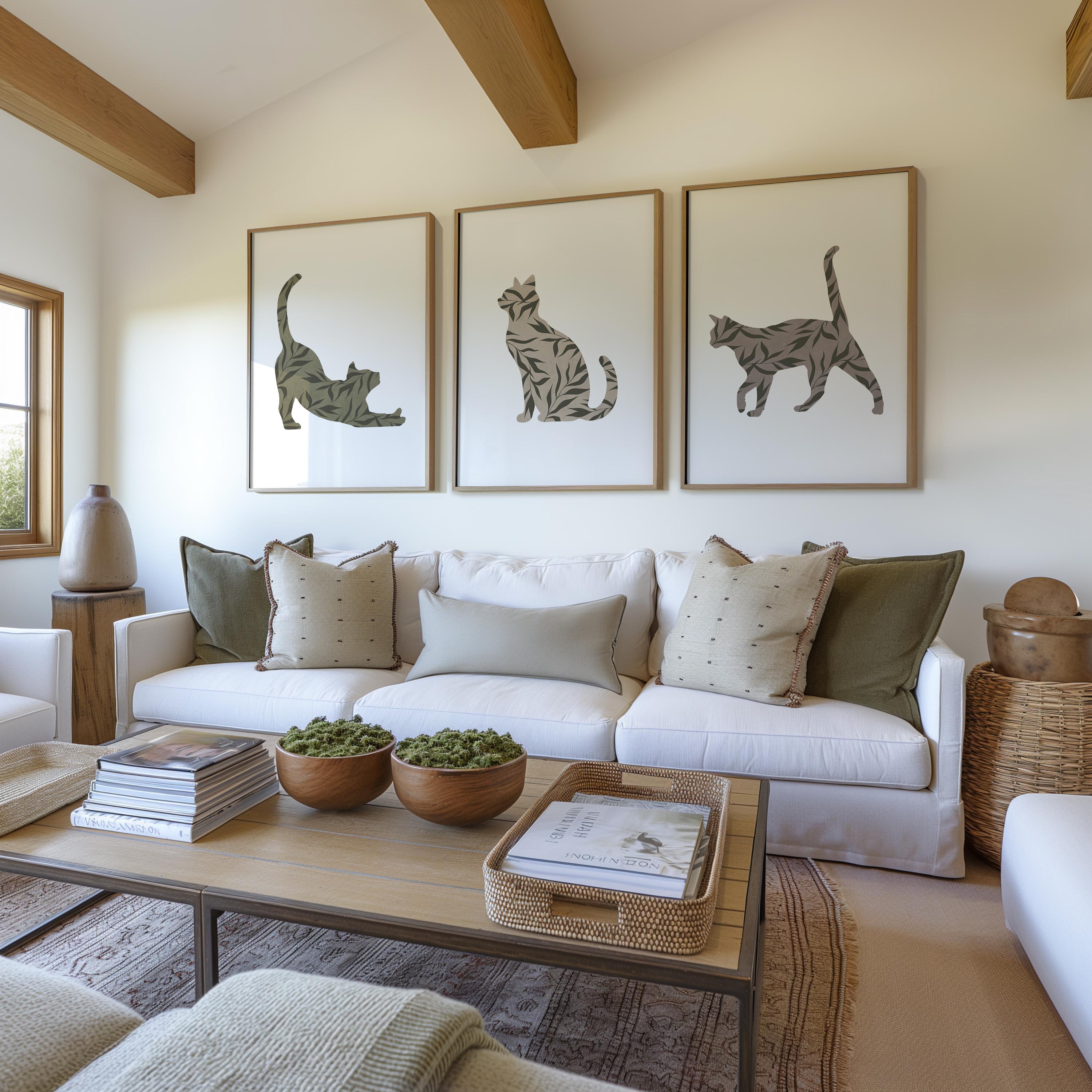 Boho Cat Wall Art Set of 3 – Minimalist Botanical Cat Prints – Neutral ...
