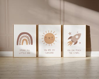 Boho kinderkamer muurkunst set, regenboog, zon, raketafdrukken N241