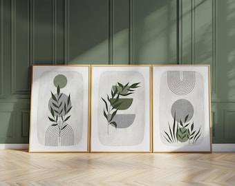 Boho Abstract Wall Prints, Sage Green Botanical Art (Set of 3)  B021