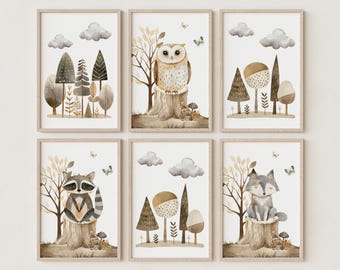 Woodland Nursery Wall Art – Forest Animal Print Set with Fox, Wolf, Owl, Raccoon, Mice – Adventure & Tree-Themed Nursery Decor N001