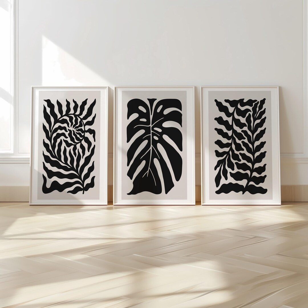 Abstract Botanical Wall Art - Black and Beige Leaf Print Set of 3 for ...