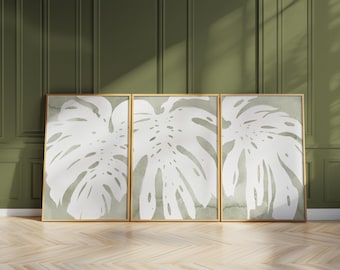 Monstera Leaf Wall Art Set of 3, Sage Green Botanical Prints, Watercolor Plant Triptych, Boho Minimalist Living Room Decor, Unframed B202