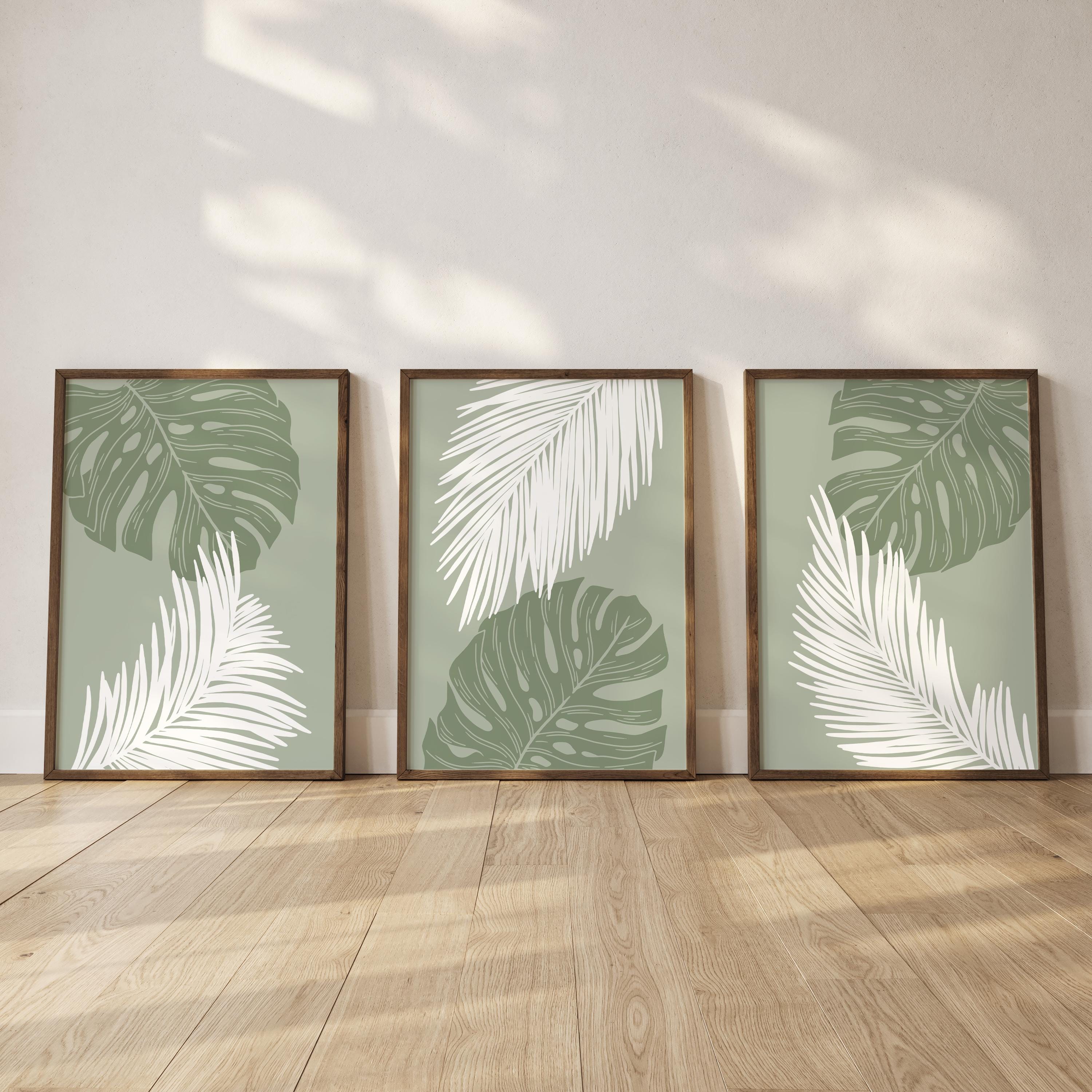 Palm Leaf Wall Art Print Set, Green Botanical Poster Trio, Tropical ...