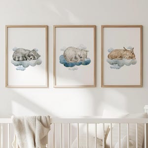 Nursery decor woodland poster, Animal wall art Print, Nature Kids Playroom Art, Cloud Animals, Watercolor Raccoon Wolf Lynx Fox Hare Bear 46
