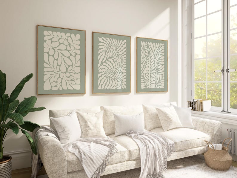 Sage Green Leaf Prints – Set of 3 Neutral Botanical Wall Art for Living ...