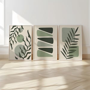 Boho Abstract Prints, Set of 3 Boho Wall Art, Calming Sage Green Home Wall Decor, Floral Posters, Minimalist Earthy geometric prints B27